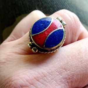 New Lapis Lazuli & Coral Tibetan 925 Silver Ring.